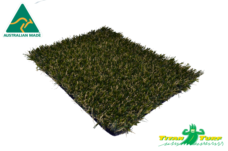Product image of Australian Made Pet Friendly Artificial Grass. Two Logos. Top left Australian Made, bottom right Titan Turf.