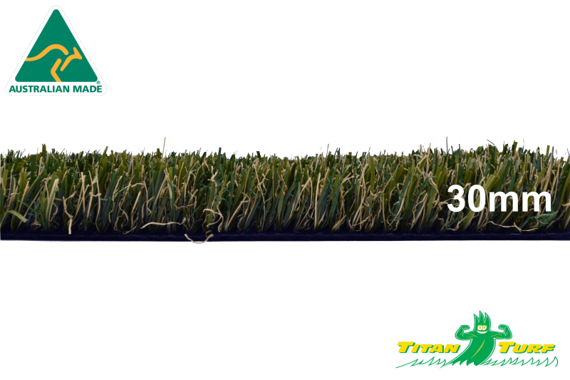 Product image of Australian Made Pet Friendly Artificial Grass. Two Logos. Top left Australian Made, bottom right Titan Turf. Text on turf reads 30 millimeters.